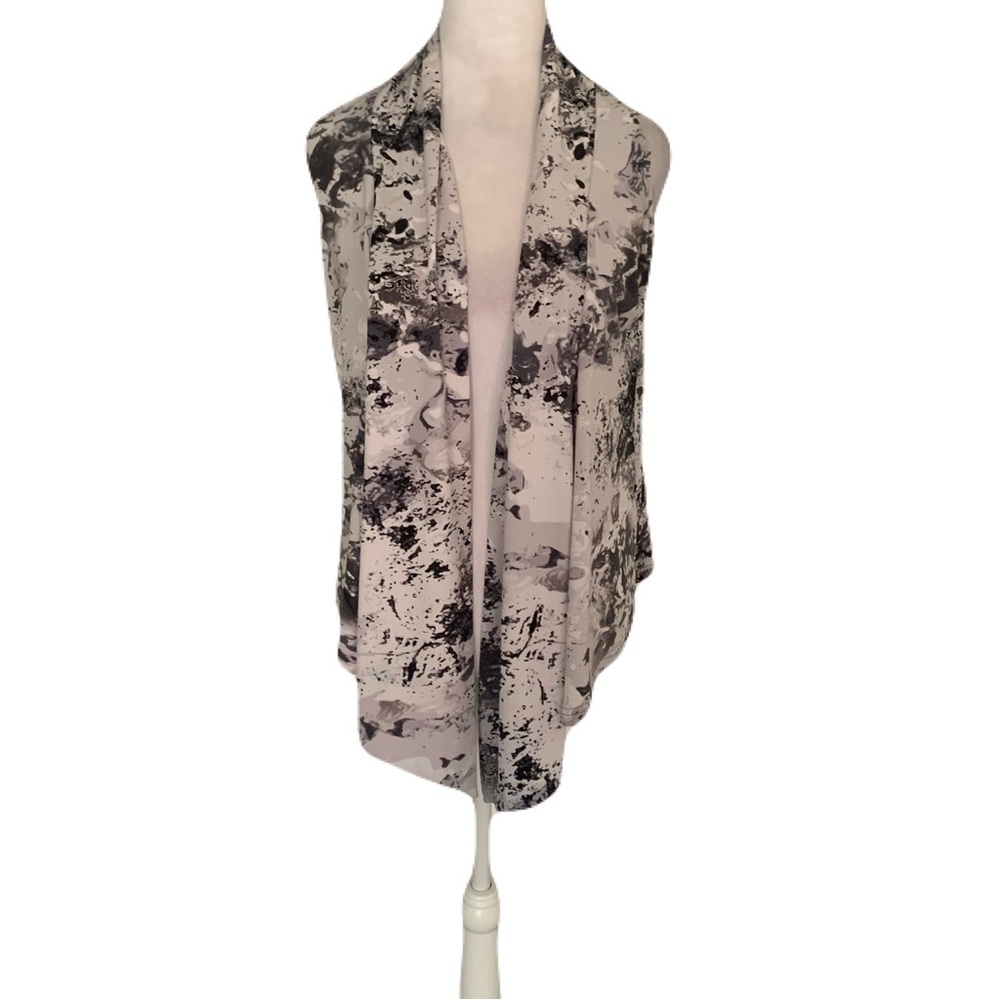 Sympli Small Black Light Gray Abstract Print Open-Front Scarf Vest Artsy Canada